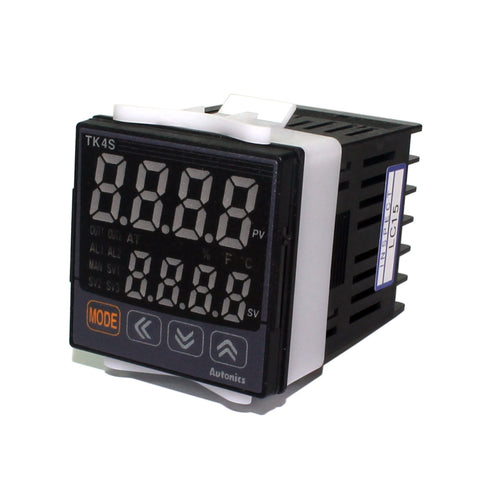 Autonics TK4S-14RN temperature controller with dual output and compact 48×48 mm panel design.