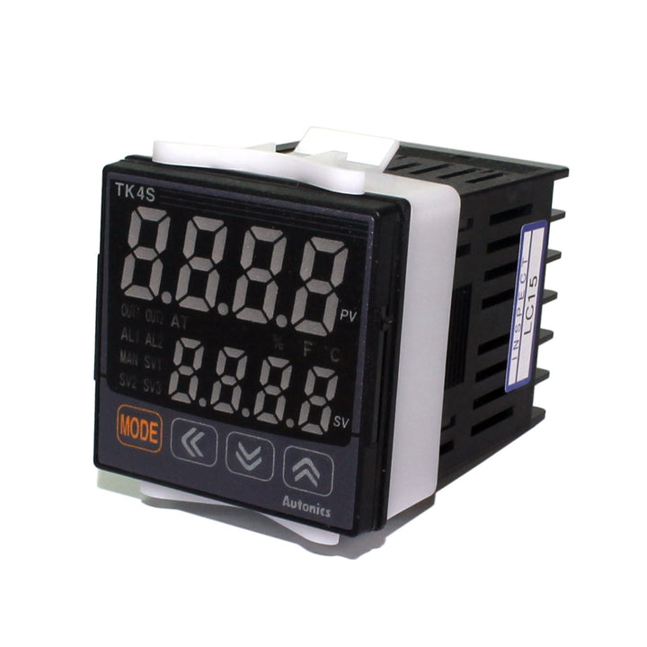Autonics TK4S-14RN temperature controller with dual output and compact 48×48 mm panel design.