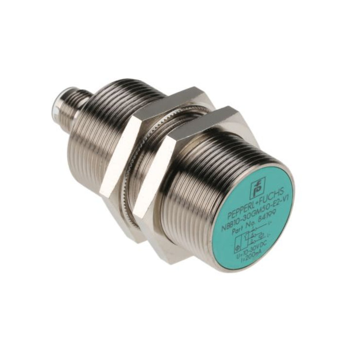 Pepperl+Fuchs NBB10-30GM50-E2-V1 inductive proximity sensor, M30, 10 mm flush, PNP NO, IP67, V1 connector, part no. 084199.