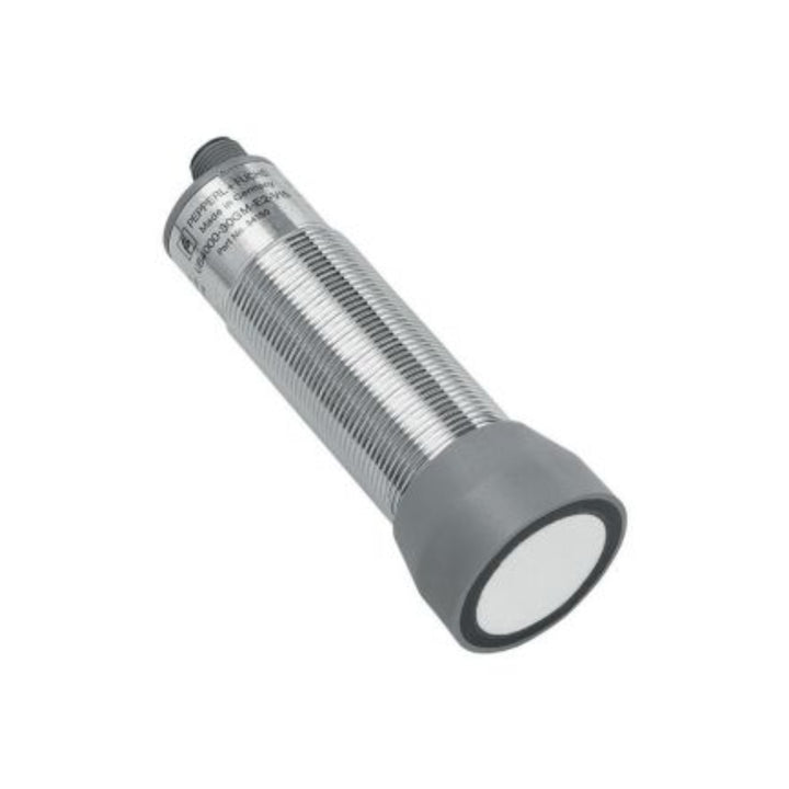 Pepperl+Fuchs UB4000-30GM-E5-V15 M30 ultrasonic sensor with 4m range, PNP output, and IP65 rating for industrial distance measurement.