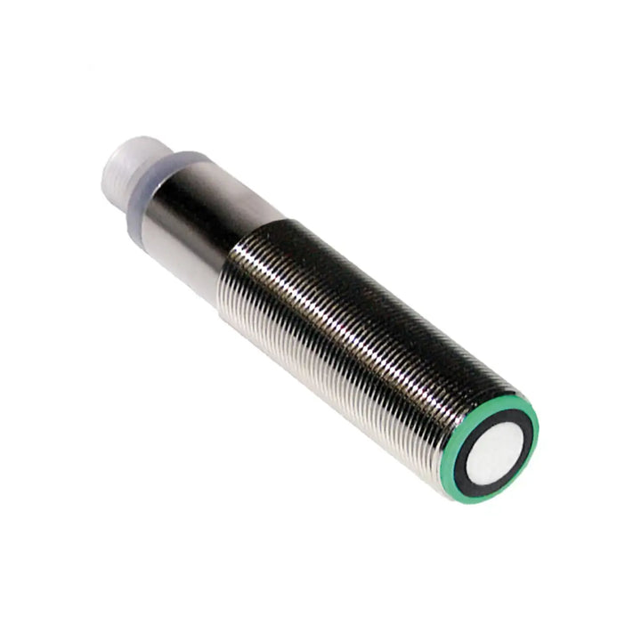 Pepperl+Fuchs UB500-18GM75-U-V15 M18 ultrasonic sensor with 30–500 mm range, 0–10V analog output, adjustable beam width, and IP67-rated housing.