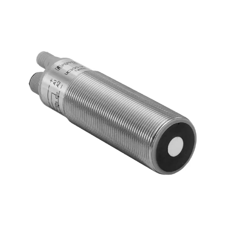 Pepperl+Fuchs UC500-30GM-E6R2-V15 M30 ultrasonic sensor with 30–500 mm range, dual PNP outputs, RS-232 interface, and IP65-rated stainless steel housing.