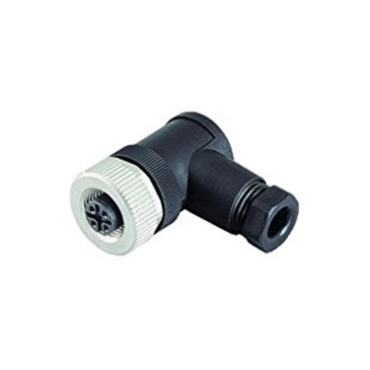 Pepperl+Fuchs V1-W-BK M12 4-pin female right-angle field-attachable connector with screw terminals for 4–6 mm cables, IP67 rated.