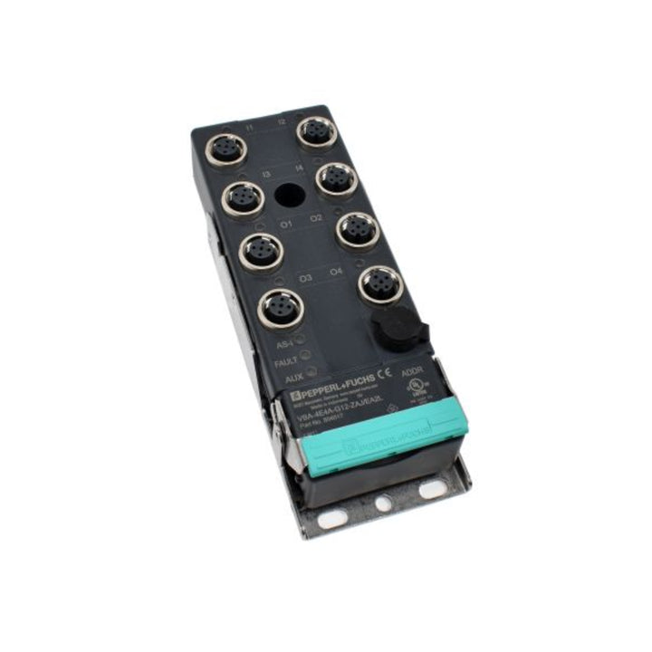 Pepperl+Fuchs VBA-4E4A-G12-ZAJ/EA2L AS-Interface module with 4 PNP inputs, 4 electronic outputs, stainless steel base, and IP67 protection.