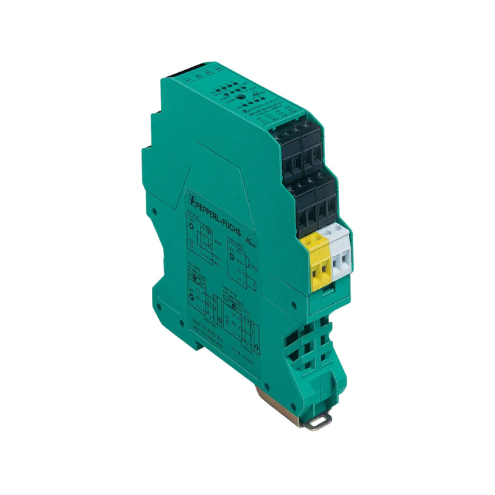 Pepperl+Fuchs VBA-4E4A-KE-ZEJQ/E2L AS-Interface module with 4 inputs, 4 outputs, removable terminals, and DIN rail mount for industrial automation.