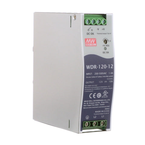Mean Well WDR-120-12 DIN rail power supply, 120 W, 12 V DC, 10 A, compact and reliable for industrial and automation use.