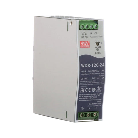 Mean Well WDR-120-24 DIN rail power supply, 120 W, 24 V DC, 5 A, wide input range for industrial automation systems.