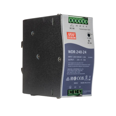 Mean Well WDR-240-24 DIN rail power supply, 240 W, 24 V DC, 10 A, reliable for industrial automation and control systems.