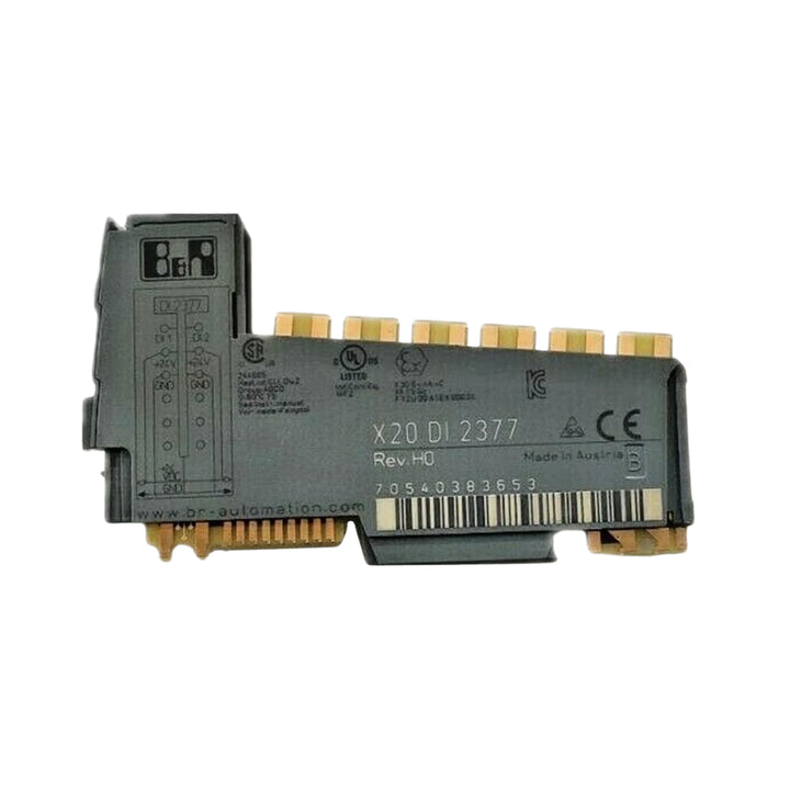 B&R X20DI2377 digital input module with 2 inputs, 24 VDC, sink connection, 3-wire setup, and 50 kHz counter for precise industrial event counting.