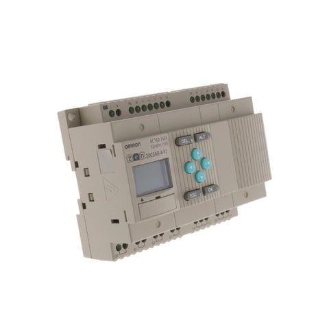 Omron ZEN-20C3AR-A-V2 programmable relay with 12 inputs, 8 relay outputs, LCD screen, and 100–240 VAC power supply for small control systems.