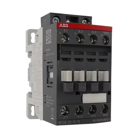 ABB AF09-30-10-13 3-pole contactor with 100–250V AC/DC coil, 25 A rated current, and 1NO auxiliary contact. Ideal for motor and power control.