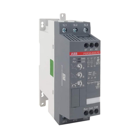ABB PSR30-600-70 softstarter with 30 A rating, 208–600 V AC input, two-phase control, built-in bypass, and compact design for motor startup.