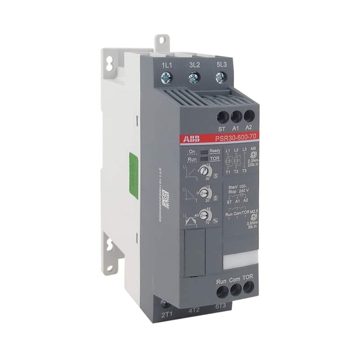 ABB PSR30-600-70 softstarter with 30 A rating, 208–600 V AC input, two-phase control, built-in bypass, and compact design for motor startup.