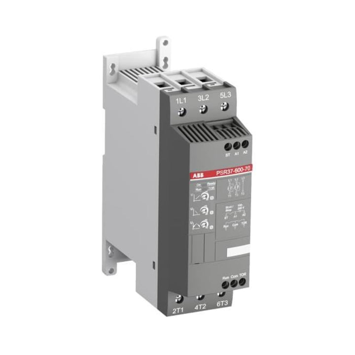 ABB PSR37-600-70 softstarter, 37 A, 208–600 V AC with built-in bypass, two-phase control, and adjustable ramps for industrial motor applications.