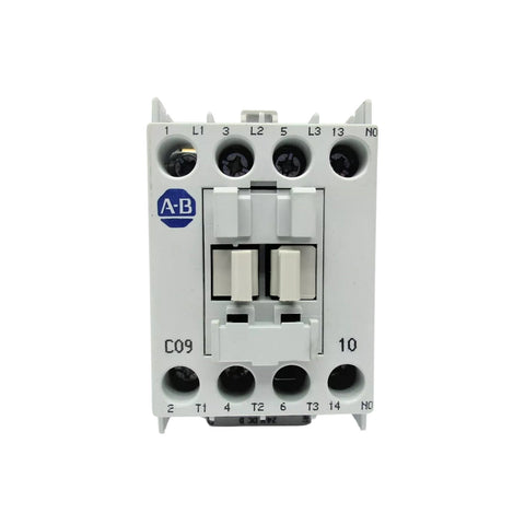 Allen-Bradley 100-C09DJ10 contactor, 9A, 24V DC coil, compact IEC motor control for industrial automation systems.
