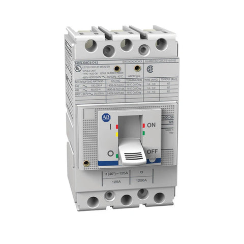 Allen-Bradley 140G-G6C3-D12 molded case circuit breaker, 3-pole, 125A, 65 kA, G frame, thermal-magnetic protection.