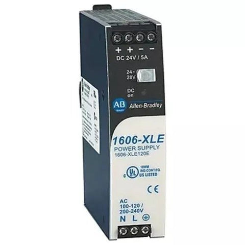 Allen-Bradley 1606-XLE120E 120W DIN rail power supply, 24–28V DC output, 5A, single-phase 120/230V AC input, compact essential module.