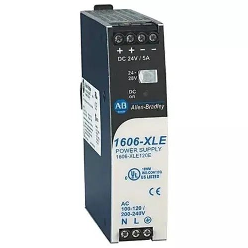 Allen-Bradley 1606-XLE120E 120W DIN rail power supply, 24–28V DC output, 5A, single-phase 120/230V AC input, compact essential module.
