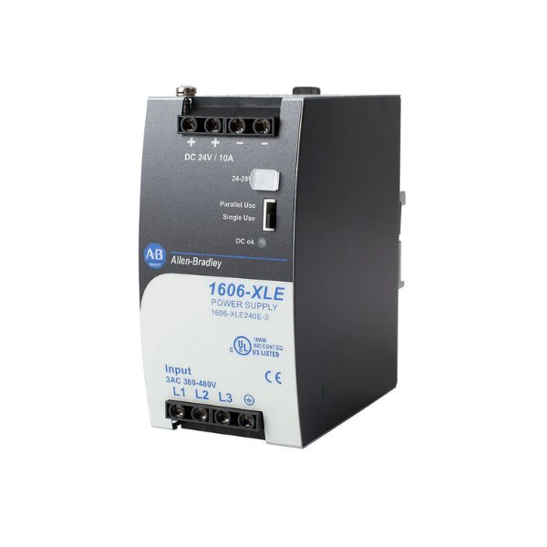 DIN rail power supply, 240W, 3-phase input, 24V DC output, compact and efficient for industrial automation.