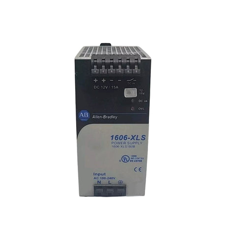 Allen-Bradley 1606-XLS180B power supply, 180W, 24V DC output, DIN rail mount for industrial control systems.

