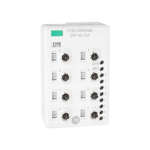 Allen-Bradley 1738-OB8EM8 ArmorPoint 8-point output module, 24V DC sourcing, 1A per channel, with M8 connectors, IP67-rated.