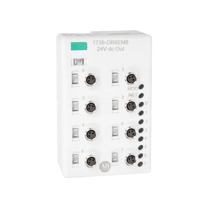 Allen-Bradley 1738-OB8EM8 ArmorPoint 8-point output module, 24V DC sourcing, 1A per channel, with M8 connectors, IP67-rated.