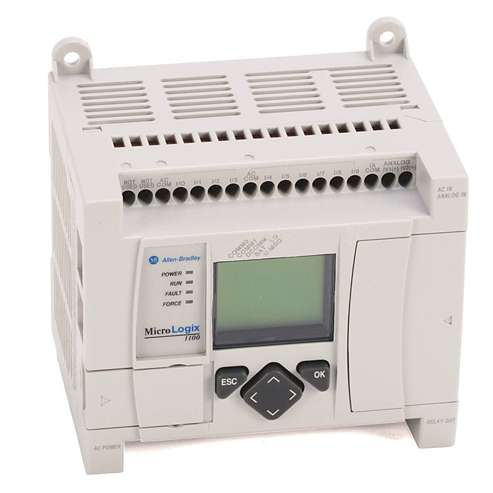 Allen-Bradley 1763-L16BWA MicroLogix 1100 PLC, 120V AC input, relay output, for compact industrial automation control.