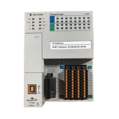 Allen-Bradley 1769-L18ER-BB1B CompactLogix controller with 512 KB memory, embedded I/O, and dual Ethernet for small automation applications