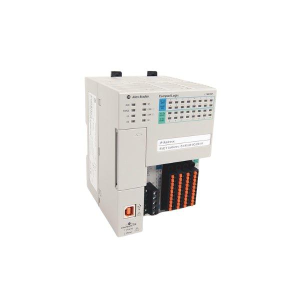 Allen-Bradley 1769-L18ERM-BB1B CompactLogix controller with 512 KB, embedded I/O, dual Ethernet, and motion support for industrial control systems.