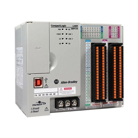 Allen-Bradley 1769-L24ER-QBFC1B CompactLogix controller with 750KB memory, 16 DI, 16 DO, 4 AI, 2 AO, and dual Ethernet ports.