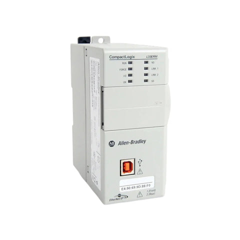 Allen-Bradley 1769-L33ERM CompactLogix controller with dual Ethernet ports for high-speed motion and I/O control.
