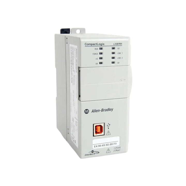 Allen-Bradley 1769-L33ERM CompactLogix controller with dual Ethernet ports for high-speed motion and I/O control.