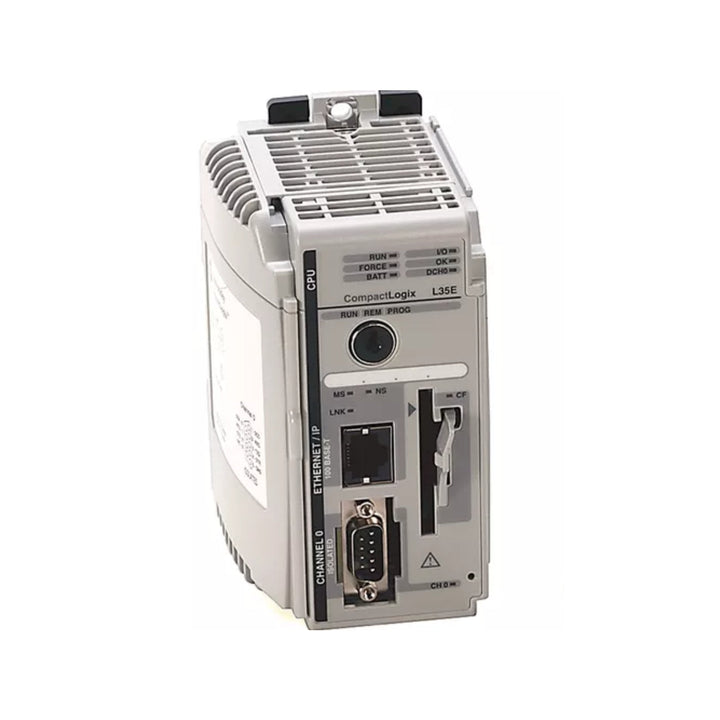 Allen-Bradley 1769-L35E CompactLogix controller with 1.5MB memory, EtherNet/IP and RS-232 ports, supporting up to 30 I/O modules for scalable automation.