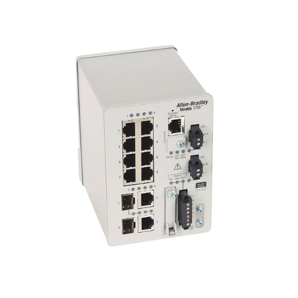 Stratix 5700 managed Ethernet switch, 10 ports, 8 Fast Ethernet, 2 Gigabit combo, DIN rail mount, IP30 enclosure.