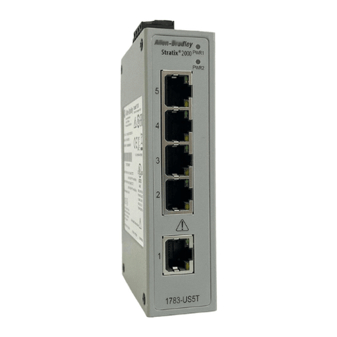 Allen-Bradley 1783-US05T Stratix 2000 5-port unmanaged Ethernet switch, DIN rail mount, for simple industrial networking.
