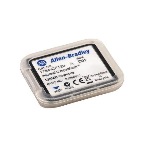 Allen-Bradley 1784-CF128 Industrial CompactFlash card, 128MB, for ControlLogix 556x controllers, operating temperature 0–60°C.