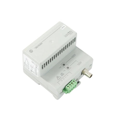 ControlNet repeater adapter, DIN rail mounted, supports coax and fiber modules for scalable industrial networks.
