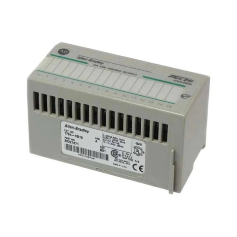 Allen-Bradley 1794-OB16 FLEX I/O module with 16 sourcing digital outputs, 24V DC operation, and compact design for industrial automation systems.