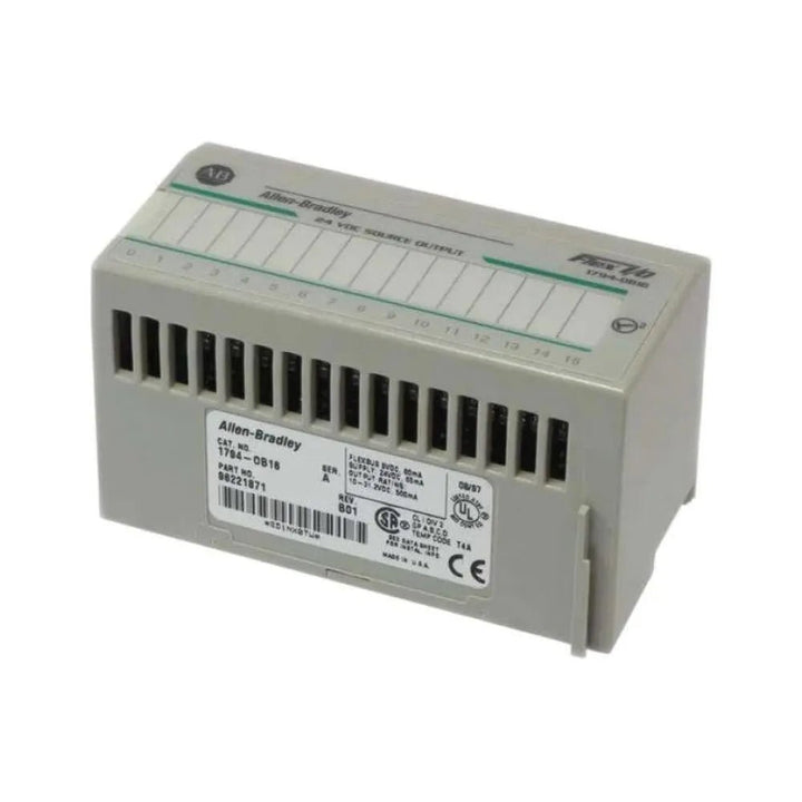 Allen-Bradley 1794-OB16 FLEX I/O module with 16 sourcing digital outputs, 24V DC operation, and compact design for industrial automation systems.