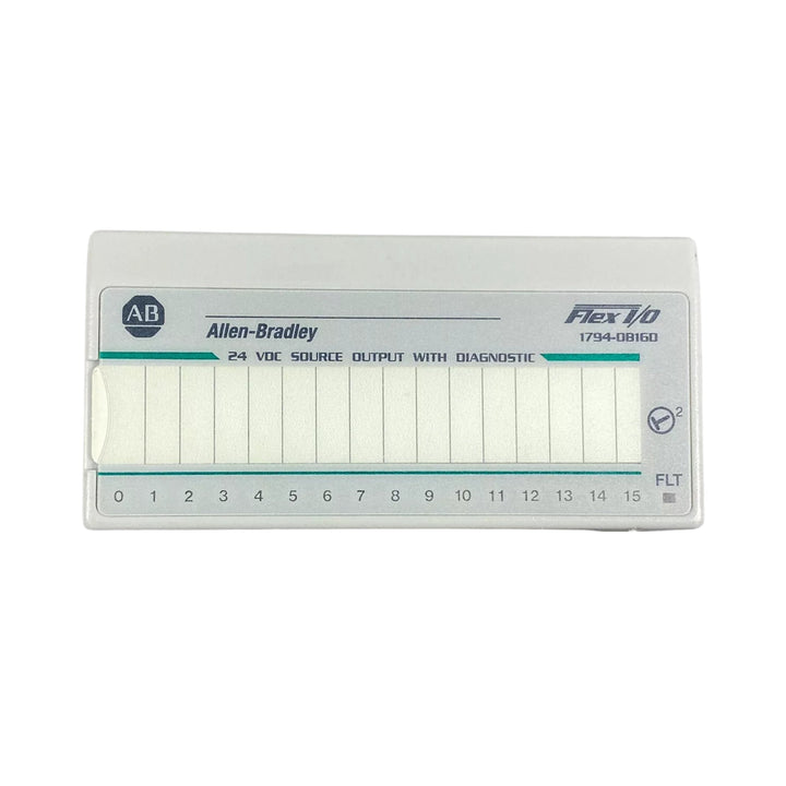 Allen-Bradley 1794-OB16D Flex I/O module, 16-point DC digital output with diagnostics, for distributed industrial control systems.
