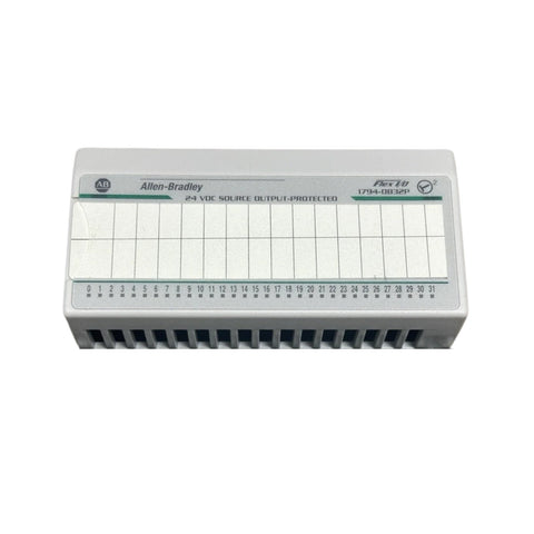 Allen-Bradley 1794-OB32P FLEX I/O output module with 32 protected 24V DC sourcing outputs, 2 groups of 16, for distributed control systems.