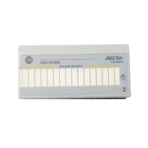 Allen-Bradley 1794-OE12 FLEX I/O analog output module with 12 single-ended outputs, ±10V, 16-bit resolution, 24V DC powered.