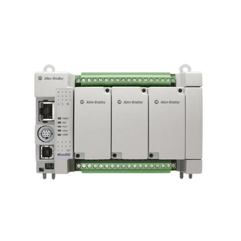 Micro850 PLC controller, 50 I/O, 24V DC, Ethernet, with embedded digital and analog inputs and outputs.