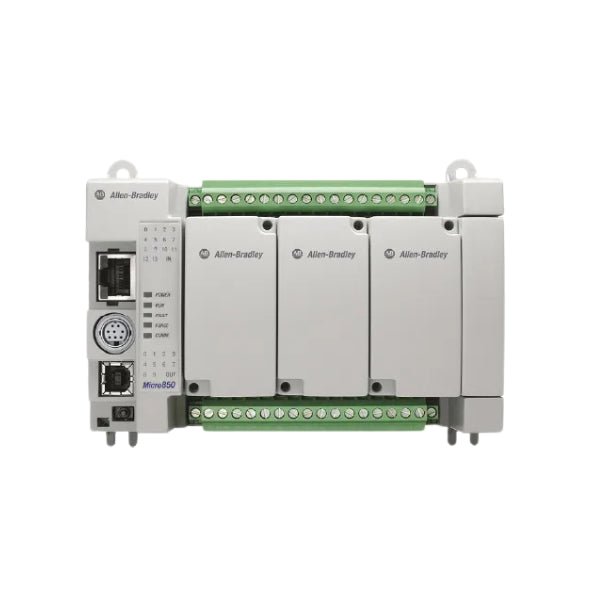 Micro850 PLC controller, 50 I/O, 24V DC, Ethernet, with embedded digital and analog inputs and outputs.