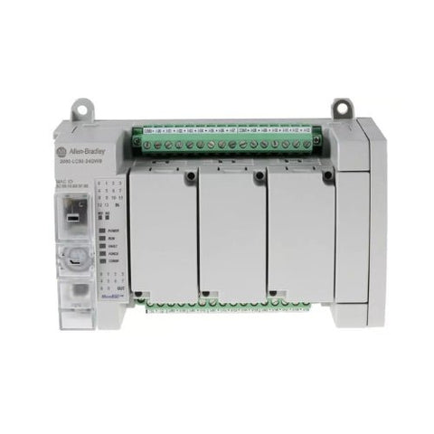 Allen-Bradley 2080-LC50-24QWB Micro850 PLC with 24 I/O, EtherNet/IP, relay outputs, high-speed counters, and expansion support for compact control systems.