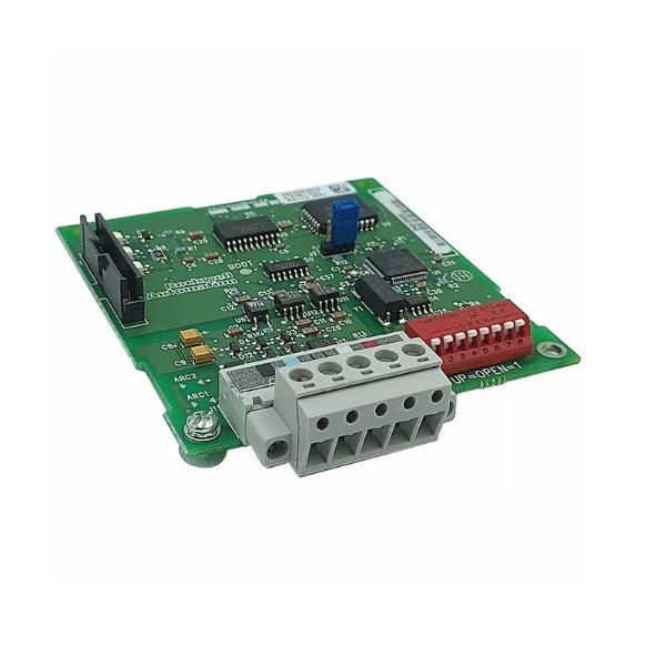 Allen-Bradley 22-COMM-D communication module, DeviceNet adapter for PowerFlex drives, enabling industrial network communication.