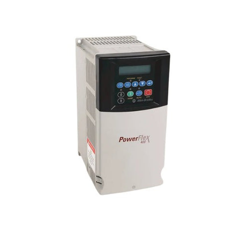 Allen-Bradley 22C-D022N103 PowerFlex 400 drive, 15 HP, 480V, IP20, frame C. RS485 communication, fixed keypad, for fan and pump control.