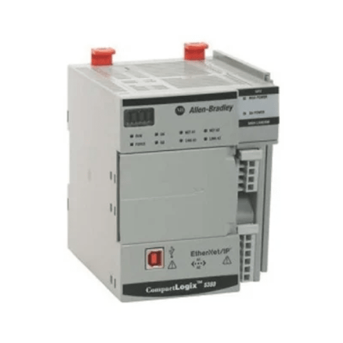 Allen Bradley 5069-L306ER CompactLogix 5380 controller, 1MB memory, dual 1 Gb Ethernet ports, supports 30 nodes and 16 local I/O modules.