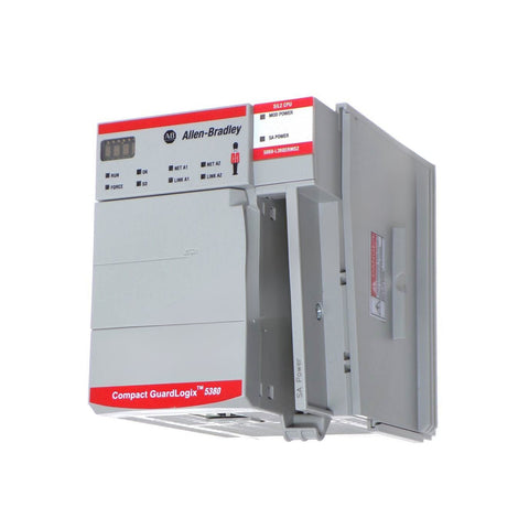 Allen-Bradley 5069-L380ERMS2 GuardLogix 5380 controller, 8MB memory, SIL2/PLd, 28-axis motion, DIN rail mount, EtherNet/IP ready.


