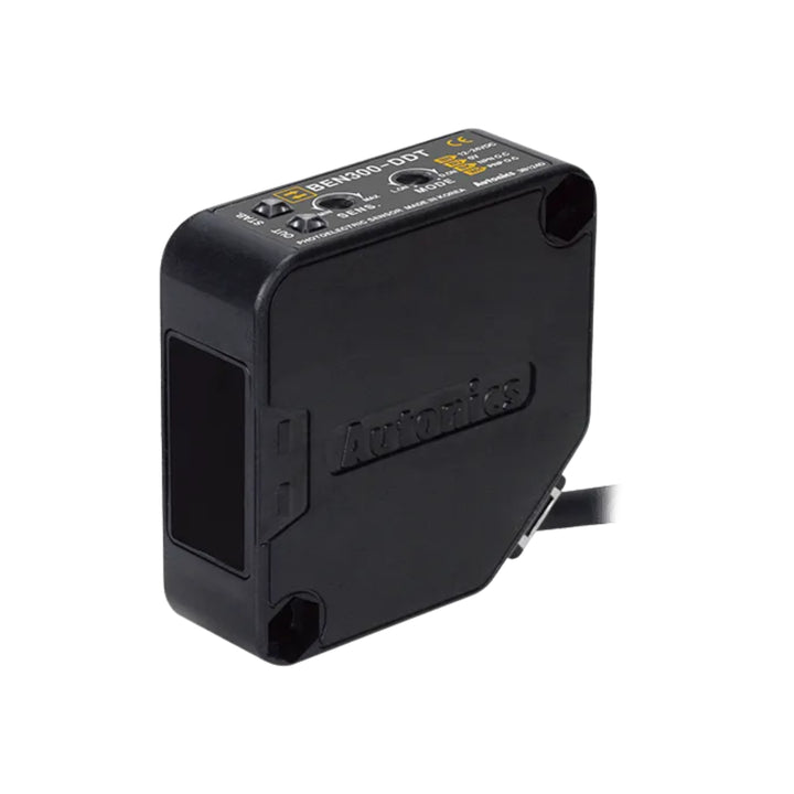 Autonics BEN300-DDT diffuse reflective photoelectric sensor with 300 mm range and red LED light source.